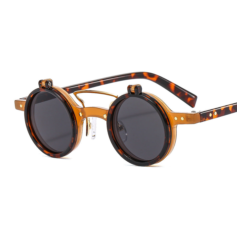 ROUND FRAME PUNK DOUBLE-LAYER FLIP UV PROTECTION SUNGLASSES