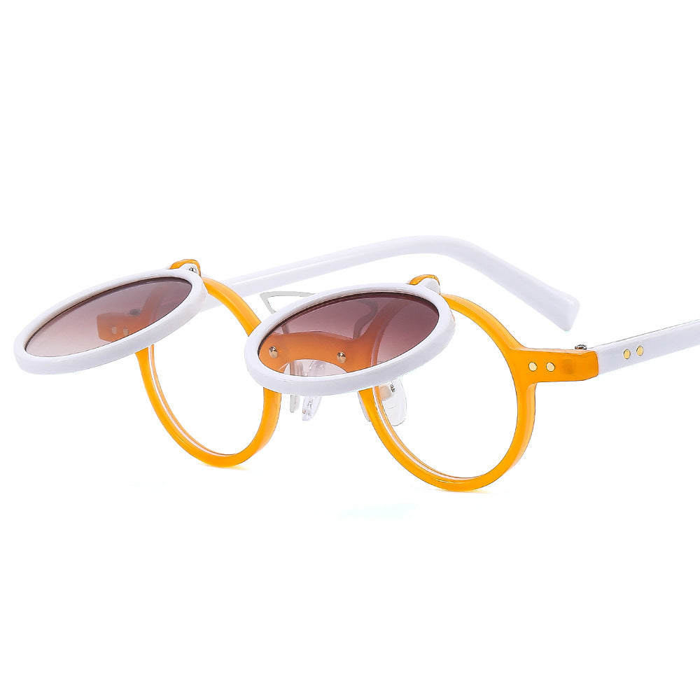 ROUND FRAME PUNK DOUBLE-LAYER FLIP UV PROTECTION SUNGLASSES