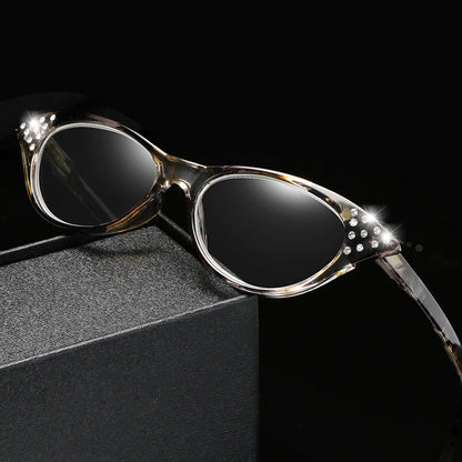 MODISCHE DAMENBRILLE MIT DIAMANTEN BESETZT, CAT-EYE, ANTI-BLAULICHT, PRESBYOPE 