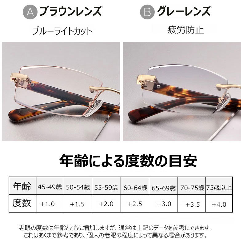 ハイエンドリムレス老眼鏡 、ダイヤモンドカットレンズ、快適なフィット感で、日常使用に最適