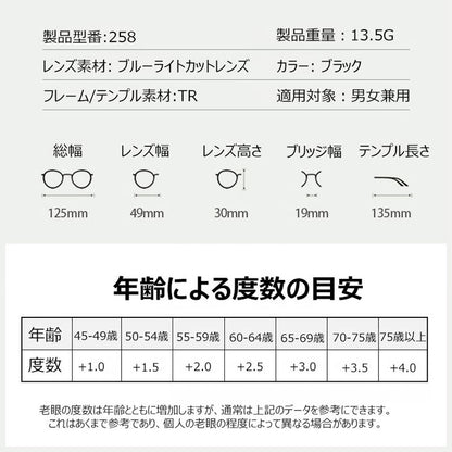 軽量ブルーライトカット老眼鏡、軽やかな装着感 目を守る 読書の相棒